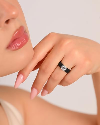 Rinfit Silicone Ring with Stone, Round Cut CZ | AAAAA Grade Cubic Zirconia, Solitaire Engagement Ring for Her, Flexible Rubber Wedding Band for Women, Patented Design - color: Pack C: Black / Silver
