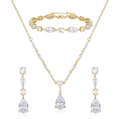 SWEETV Bridal Wedding Jewelry Set for Brides,Teardrop Bridesmaids Jewelry Set - color: S01 Gold