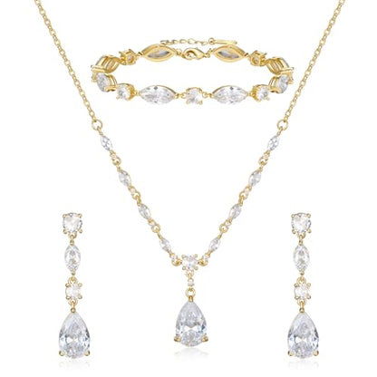 SWEETV Bridal Wedding Jewelry Set for Brides,Teardrop Bridesmaids Jewelry Set - color: S01 Gold