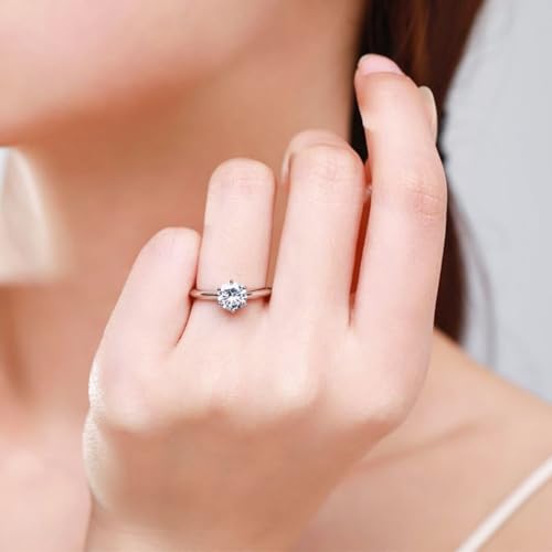 LUSHE Moissanite Engagement Ring 1-2CT D Color VVS1 Clarity 925 Sterling Silver with 18K White Gold Plated Solitaire Moissanite Wedding Promise Rings for Women - color: 001-1 Carat