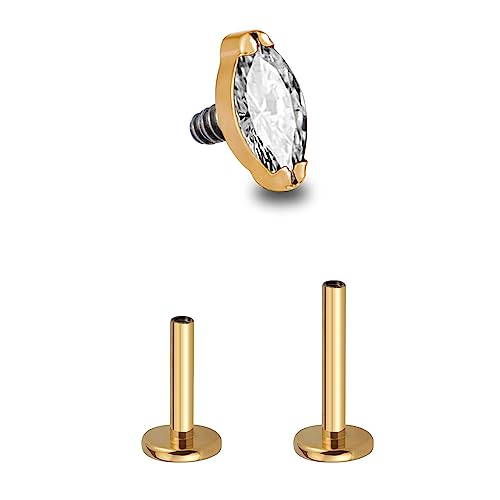 1PC Tragus Conch Helix Flat Labret Piercing Jewelry 16G 6mm 8mm - ASTM F136 Titanium Cartilage Earring Flatback Stud, Implant Grade Internally Threaded Hypoallergenic Body Jewelry (Clear CZ) - color: Clear Marquise CZ - Gold