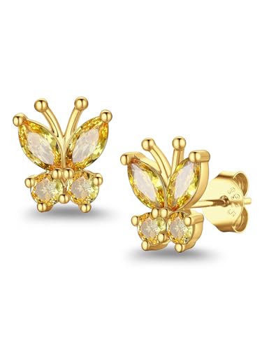 Suplight Butterfly Stud Earrings 925 Sterling Silver 14K Gold Brithstone Earrings for Women Brithstone Jewelry Gifts - color: 11.November ( Citrine), size: Gold