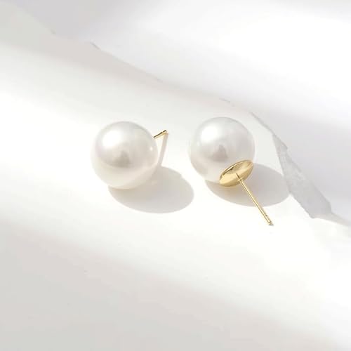 Oversized Faux Pearl Stud Earrings for Women, 14K Gold Plated Sterling Silver Hypoallergenic Large Classic Lightweight Pearl Earrings - size: 8mm