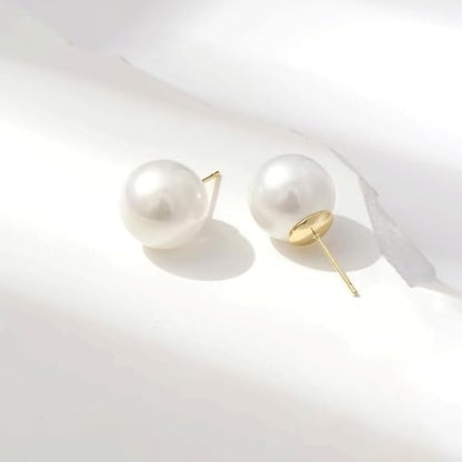 Oversized Faux Pearl Stud Earrings for Women, 14K Gold Plated Sterling Silver Hypoallergenic Large Classic Lightweight Pearl Earrings - size: 10mm