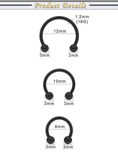 6PCS Septum Rings 18G Stainless Steel Nose Septum Ring Horseshoe Earring Eyebrow Lip Smiley Piercing Jewelry for Women Men Inner Diameter 8mm/10mm/12mm - color: black,ball closure
