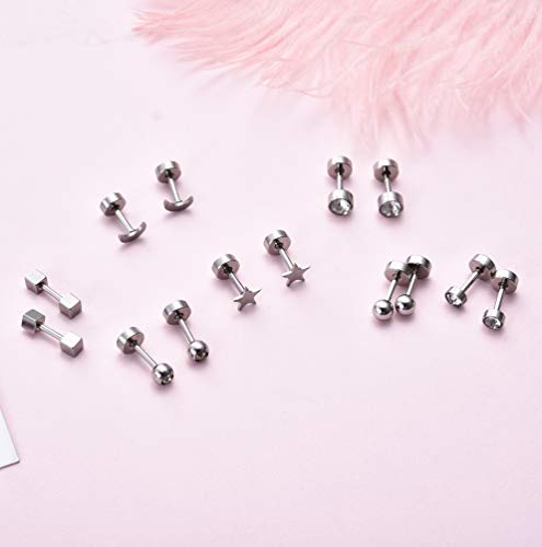 18Pairs 20G 18G Stainless Steel Tiny Stud Earrings for Women Cartilage Helix Earrings Ball Star CZ Earrings - color: Sliver, size: 18G