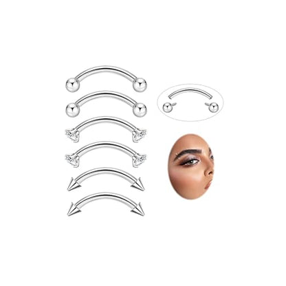 16G G23 Pure Titanium Eyebrow Piercing Jewelry for Women Men Small Curved Barbell Belly Ring Eyebrow Vertical Labret Lip Tongue Ring Rook Helix Conch Daith Earring Piercing Jewelry 6-10MM - color: Silver, size: 8MM-Top Pick