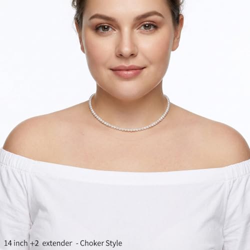 White Genuine Freshwater Cultured Pearl Necklace For Women And Men | Full Sizes from 3mm to 14mm Freshwater Pearls, AAA Grade & Above, A Love Gift Choice For Anniversaries And Birthdays - size: 3-4mm 14+2in