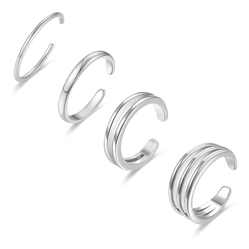 LOFITOR 4PCS Gold Toe Rings for Women Non Tarnish Waterproof Toe Ring Set | 14K Gold Filled Dainty Stackable Cute Thin Adjustable Open Band Toe Ring Cz Foot Jewelry For Beach Summer Hawaiian - style: Simple Silver