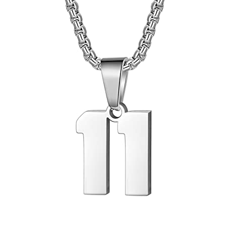 Susook Number Necklace for Boy Black Athletes Number Stainless Steel Chain 00-99 Number Charm Pendant Personalized Sports Jewelry for Men Basketball Baseball Football - color: Silver, style: 11