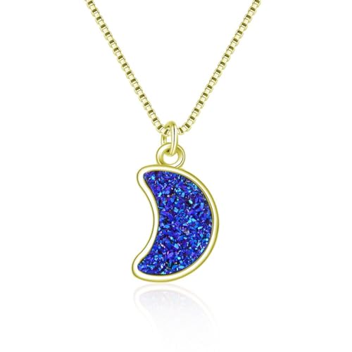 Adabele Natural Druzy Necklace Small Tiny Moon Gemstone Pendant 18 inch Sparkly Agate Stone Crystal Women Jewelry Tarnish Resistant Stainless Steel/Gold Plated Chain - color: Purple blue druzy - gold plated