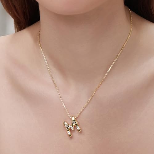 Cicy Bell Initial Necklace for Women 14k Gold Plated | Cubic Zirconia, Trendy, Personalized, Dainty Letter Pendant - color: M-Gold