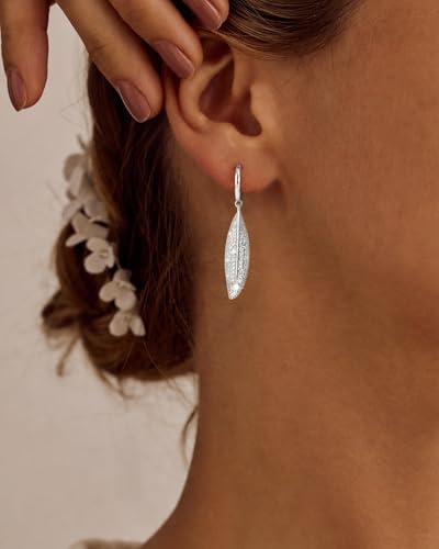 14K Gold Plated/Sterling Silver CZ Pearl Drop Dangle Earrings for Women - color: Silver-Leaf CZ