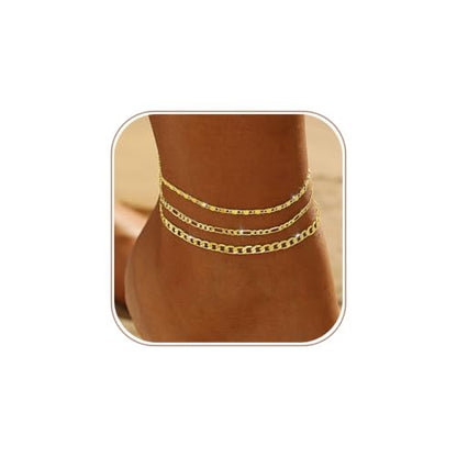 Gold/Silver Ankle Bracelets for Women Waterproof Dainty 14K Gold Plated Pearl Heart Love Anklet Bracelet Satellite Cuban Link Beads Summer Beach Jewelry Gifts - style: 3PCS Cuban + Figaro + dots-gold -202