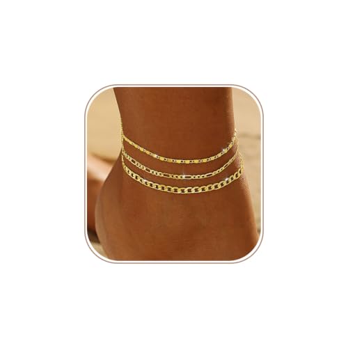 Gold/Silver Ankle Bracelets for Women Waterproof Dainty 14K Gold Plated Pearl Heart Love Anklet Bracelet Satellite Cuban Link Beads Summer Beach Jewelry Gifts - style: 3PCS Cuban + Figaro + dots-gold -202