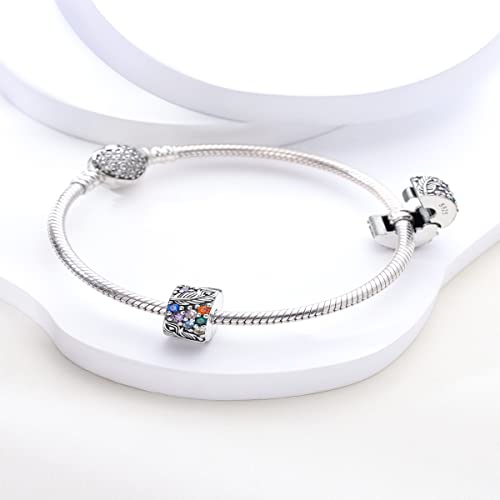 Parmuz Clip Spacer Charm for Bracelet 925 Sterling Silver Stopper Beads | Pave Lock Stopper Charm for Necklace Pink Daisy Butterfly Cubic Zirconia Openable Beads Jewelry Gift for Woman - color: Feather pave clip charm