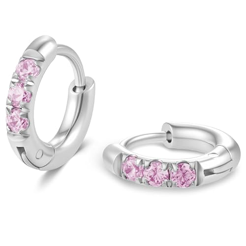 Hypoallergenic Unisex Surgical Steel Small Cubic Zirconia Huggie Hoop Earring, Color Gold - Silver - Rose Gold - Black - Rainbow, Size 6mm- 12mm Safe for Sensitive Ear - style: 6MM Silver Hoops, Pink CZ