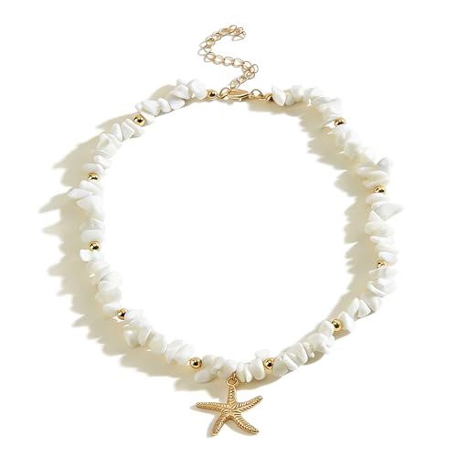 Gold Starfish Necklace Natural Stone Beaded Necklaces for Women Boho Handmade Irregular Stone Bead Necklace Summer Beach Ocean Jewelry Gift - color: White