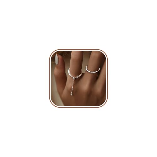 925 Sterling Silver Adjustable Link Chain Rings for Women Daughter | Dainty 14k Gold Plated Evil Eye/Cross/Flower Ring Sparkly Twist Rope with Bead Dangle Stackable Ring Jewelry Birthday Gifts - color: Silver