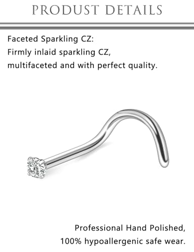 Hoeudjo Nose Studs Surgical Steel Cubic Zirconia Nose Rings Kit for Women Men Tiny Nose Stud Bone & Screw & L Shaped Nostril Piercing Jewelry 24/22/20/18 Gauge 10 Pieces - color: silver-tone,screw nose studs, size: 20g/1.5mm clear CZ