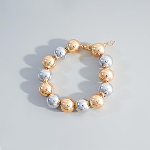 LALAPPLE Gold Plated Beaded Acrylic Bamboo Tube Bangle Bracelets for Women, Colorful Chunky Curved Tube With Gold Plated Pieces Beads Stretch Bracelet Friendship Summer Beach Jewelry - color: B-silver gold beaded (14mm)