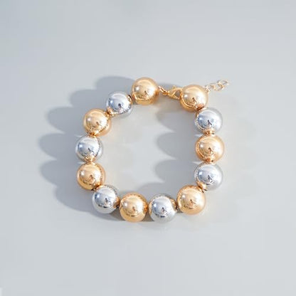 LALAPPLE Gold Plated Beaded Acrylic Bamboo Tube Bangle Bracelets for Women, Colorful Chunky Curved Tube With Gold Plated Pieces Beads Stretch Bracelet Friendship Summer Beach Jewelry - color: B-silver gold beaded (14mm)