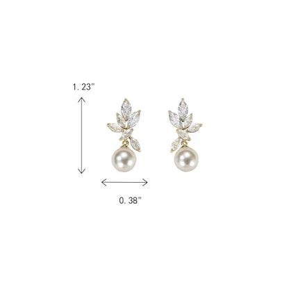 Crysdue Simulated Pearl Earrings for Women, Dainty Silver/Gold/Rose Gold Plated Cubic Zirconia Drop Dangle Earrings Wedding Jewelry for Bride Bridesmaid - style: L_CZ+pearl, Silver