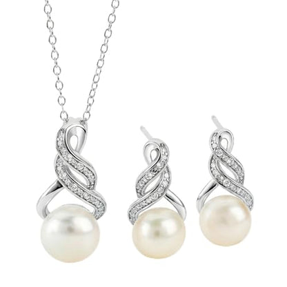 Real Diamond Sterling Silver Pearl Necklace and Earring Set | Hypoallergenic Real Cultured Freshwater Pearl Jewelry Set with 18 Inch Silver Chain | Diamond Bridal Bridesmaid Set for Women with Gift Box by MAX + STONE