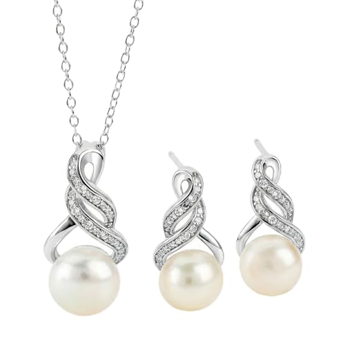 Real Diamond Sterling Silver Pearl Necklace and Earring Set | Hypoallergenic Real Cultured Freshwater Pearl Jewelry Set with 18 Inch Silver Chain | Diamond Bridal Bridesmaid Set for Women with Gift Box by MAX + STONE
