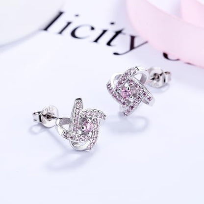 Amy & Annette Sterling Silver Love Knot Stud Earrings with Crystals | Hypoallergenic Aretes de Plata Para Mujer | 925 Sterling Silver Earring | Stud Earrings for Women | Lightweight - color: Pink