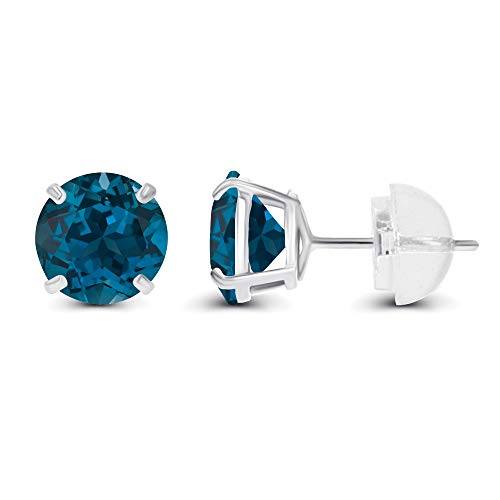 Solid 14K Yellow, White or Rose Gold 4mm Round Genuine Gemstone Birthstone Prong Set Stud Earrings For Women - color: Blue Topaz-London Blue Topaz