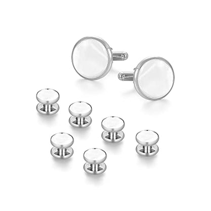 wynameleri Mens Classic Shirts Cufflink Studs, Mother-of-Pearl Tuxedo Shirt Button and Cuff Links Set, Formal Business Wedding Jewelry - color: MOP-Silver White