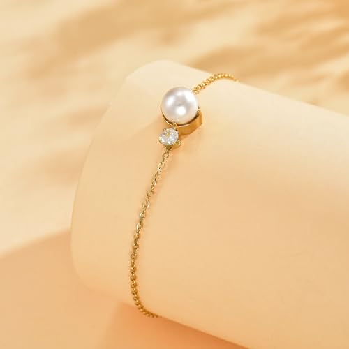 NONAMOIS 18K Gold Plated Diamond Ankle Bracelets for Women Waterproof Gold CZ Pearl Bow Link Chain Anklets Non Tarnish Summer Beach Foot Jewelry Gifts - color: CZ Pearl-Gold