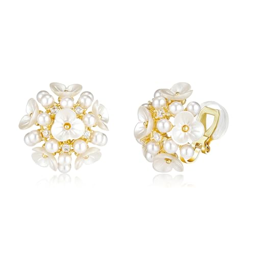 YOQUCOL Simulated Pearl Flower-Cluster Shape Clip On Stud Earrings Non Pierced Ear Earrings for Women - color: Plum blossom