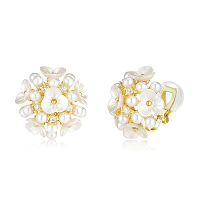 YOQUCOL Simulated Pearl Flower-Cluster Shape Clip On Stud Earrings Non Pierced Ear Earrings for Women - color: Plum blossom