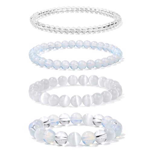 Vinswet 4pcs Beaded Bracelets for Women,Natural Healing Crystal Gemstones Bracelet,Anxiety Stress Relief Bracelet Handmade purple Jewelry Gifts for Women - color: Clear crystal&Opal&Cat Eyes