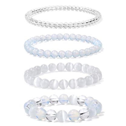 Vinswet 4pcs Beaded Bracelets for Women,Natural Healing Crystal Gemstones Bracelet,Anxiety Stress Relief Bracelet Handmade purple Jewelry Gifts for Women - color: Clear crystal&Opal&Cat Eyes