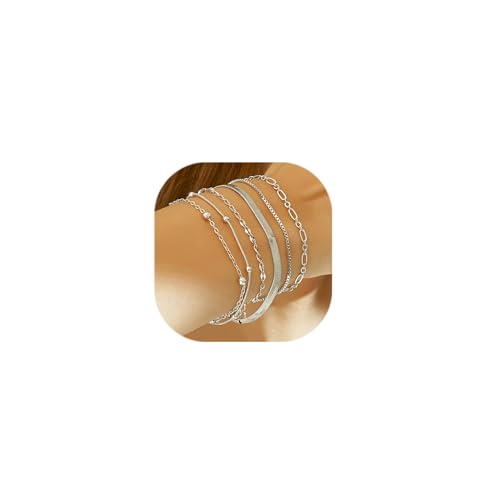 Wgoud Waterproof Gold Bracelets for Women Trendy, Dainty 14K Real Gold Plated Fashion Stackable Bracelet Sets for Women Thin Cuban Link Paperclip Chain Bracelets Layered Gold Jewelry Sets Gifts for Womens - color: 6Pcs Silver Bracelet A