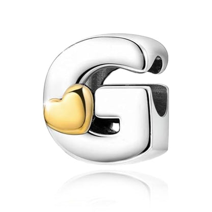 Two-Tone Gold Heart S925 Silver Letter Charm Fits Pandora Bracelet Necklace | Initial Bead Two-Tone Gold Heart, DIY European Bracelet Accessory, Gift for Ladies Birthday Anniversary Valentine - style: G