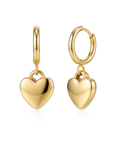 14k Gold Plated Heart Hoop Earrings for Women Heart Drop Huggie Earring Hoops with Charms for Love Gift