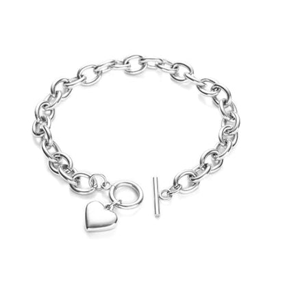 14K Gold Silver Tone Women’s Heart Charm Bracelets Toggle Clasp Stainless Steel Link Bracelet Minimalist Jewelry 7.5” - color: polish heart-white