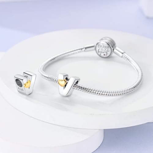 925 Sterling Silver Letter Charms A-Z for Bracelet Necklace Alphabet Bead | Heart letter A B C D G J charm initial gold Pendant beads Jewelry Gift for Women - color: Letter V
