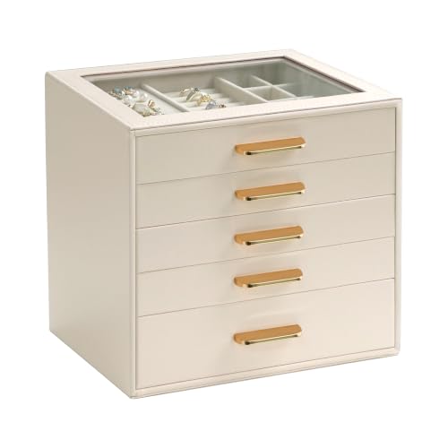 Homeanda Glass Lid Jewelry Boxes for Women, 5-Layer PU Leather Organizer with 4 Drawers, Display Storage for Rings Necklaces Earrings Bracelets Watches, Gift for Wife and Girls (Beige) - color: Cloud White, size: 5 Layer (9.7"D x 8"W)