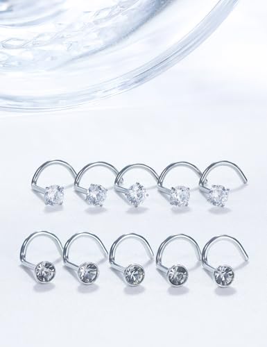 18G 20G 22G Stainless Surgical Steel Titanium Nose Rings Studs for Women L Shaped Nose Studs Screw Nose Rings Nostrial Piercing Jewelry for Women Men Silver Gold Black - style: 20G/2mm CZ/Screw/Silver