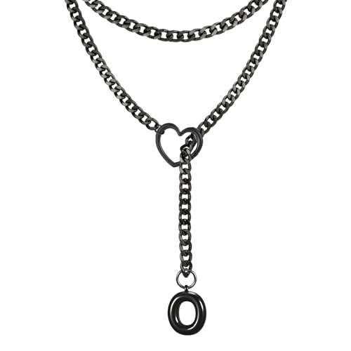 Black Heart Slip Chain Initial Necklaces for Women, Stainless Steel Wrap Choker Necklace, Gothic O-Ring Adjustable Lariat Y Necklaces, Punk Cuban Collar Choker Necklace, Halloween Jewelry Gift - color: Black O