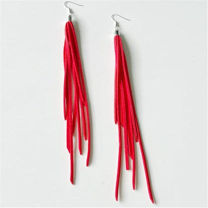 Leather Tassel Earrings Bohemian Tassel Fringe Dangle Earrings Boho Handmade Leather Feather Long Tassel Earrings Western Jewelry for Women - color: Red