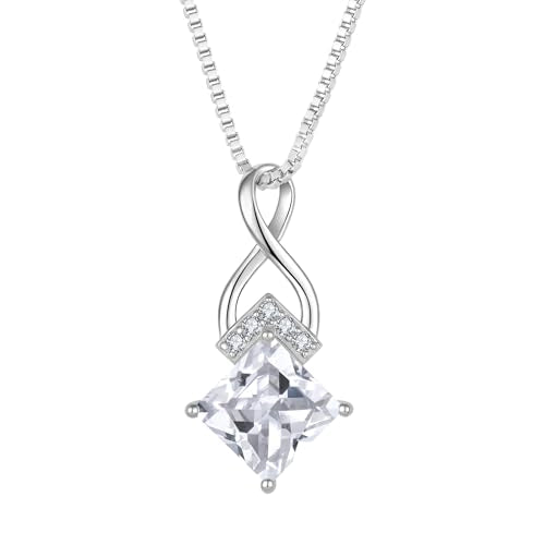 Infinity Necklace 925 Sterling Silver Princess Cut Pendant Birthstone Jewelry for Women - color: Clear White