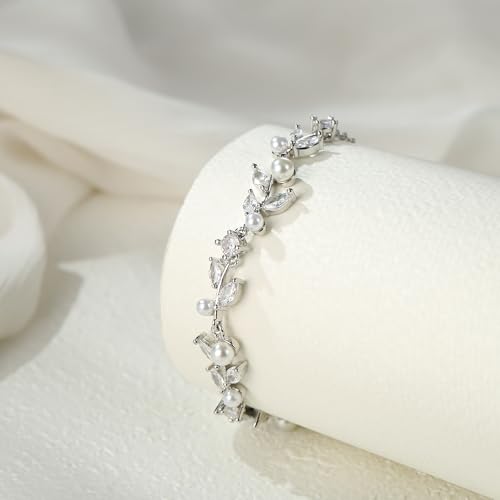 EVER FAITH Gorgeous Cubic Zirconia Pearl Wedding Link Bracelet for Bride | Marquise Teardrop Crystal Bridal Prom Jewelry, for Women Bridesmaids - style: Leaves_Clear Silver-Tone