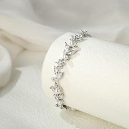 EVER FAITH Gorgeous Cubic Zirconia Pearl Wedding Link Bracelet for Bride | Marquise Teardrop Crystal Bridal Prom Jewelry, for Women Bridesmaids - style: Leaves_Clear Silver-Tone