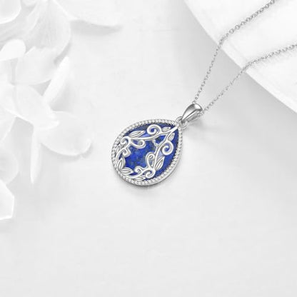 YAFEINI Teardrop Necklace Sterling Silver Filigree Irish Pendant Necklace Natural Stone Moonstone/Lapis Lazuli/Larimar/Moss Agate Necklace Jewelry - color: Lapis Lazuli Filigree Necklace